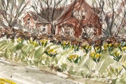 Jessie Edwards, “Homestead”,  pen and ink with watercolor, matted, $150.00