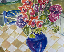 Kate Knapp, "Blue Vase, Checkered Cloth, Sunset OnThe Porch", watercolor and gouache, 22 x 30", $1200.00