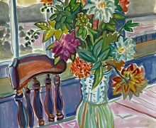 Kate Knapp, "Dahlias and Chair, Summer Evening, Sunset On The Porch", watercolor and gouache, 22 x 30", $1200.00