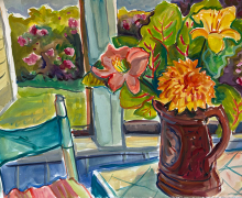 Kate Knapp, "Lilies, Dahlia, Chair, Milk Pitcher On The Porch", watercolor and gouache, 22 x 30", $1200.00
