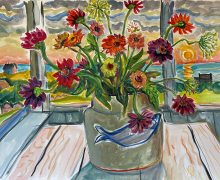 Kate Knapp, "Zinnias, Fish Pot, Sunset On The Porch", watercolor and gouache, 22 x 30", $1200.00
