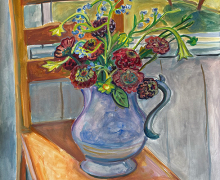 Kate Knapp, "Zinnias, Water Pitcher On A Chair On The Porch", watercolor and gouache, 22 x 30", $1200.00