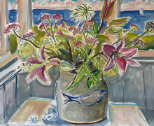 Kate Knapp, "Pink Lilies, Fish Pot, Sunset On The Porch", watercolor and gouache, 22 x 30", $1200.00