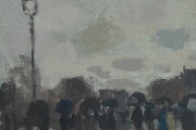 Bernard Lamotte, "Rainy City Street" oil on canvas on panel,  11.25 x 14.75"  $1800.00