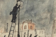 Bernard Lamotte, "Lamplighter" ink, conte, watercolor on paper, 14.125 x 13.5", $900.00