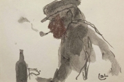 Bernard Lamotte, "Smoking a Pipe" ink, watercolor on paper, 10.375 x 10, $600.00