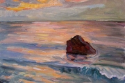 Kate Knapp, “Dories Cove Sunset”, oil on canvas, 24 x 24”, $1600.00