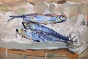 "Three Fish Unwrapped", oil on board, 12 x 15.5", $1600.00
