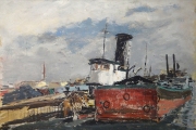 "Tugboat and Barge", oil on canvas board, 16 x 22",  $2600.00