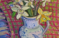 Kate Knapp, "Daffodils and Pink Checkered Cloth", oil on canvas,  16 x 20", $1000.00