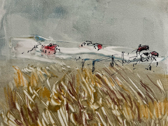 Helen Frank, "Red Roofs, Block Island", monoprint, 10 x 10 1/2" matted $675.00 Helen Frank, "Red Roofs, Block Island", monoprint, 10 x 10 1/2" matted $675.00