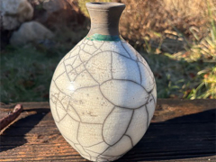 John Warfel, Raku Vase, 7" h, clear crackle glaze band, copper glaze band at neck, $145.00 John Warfel, Raku Vase, 7" h, clear crackle glaze band, copper glaze band at neck, $145.00
