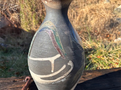 John Warfel, Raku Vase, 12" h, poured clear crackle glaze, brushed copper and red glaze + reduction, $225.00 John Warfel, Raku Vase, 12" h, poured clear crackle glaze, brushed copper and red glaze + reduction, $225.00