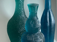James Watkins, Pate De Verre bottle 15" h, $1,800.00, Pate de Verre bottle 12 3/4" h, $1,800.00, Pate De Verre bottle 11 1/2", $1,800.00 James Watkins, Pate De Verre bottle 15" h, $1,800.00, Pate de Verre bottle 12 3/4" h, $1,800.00, Pate De Verre bottle 11 1/2", $1,800.00