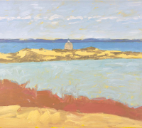 Tim Tait, “Sachem Pond, BI, 2025”, 16 x 20”, acrylic on linen, $1,200