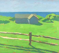 Tim Tait, “Fence and House, BI, 2025”,  16 x 20”, acrylic on linen, $1,200