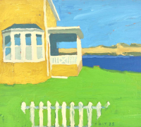 Tim Tait, “House and Pickets, BI, 2025”, 16 x 20”, acrylic on linen, $750