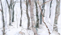 Sandra Swan, “Grove of Shadblow Trees", 33 x 47", giclee printed on canvas,  $3,000.00 framed maple