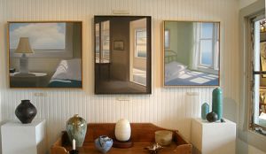 Artwork and vases in the gallery